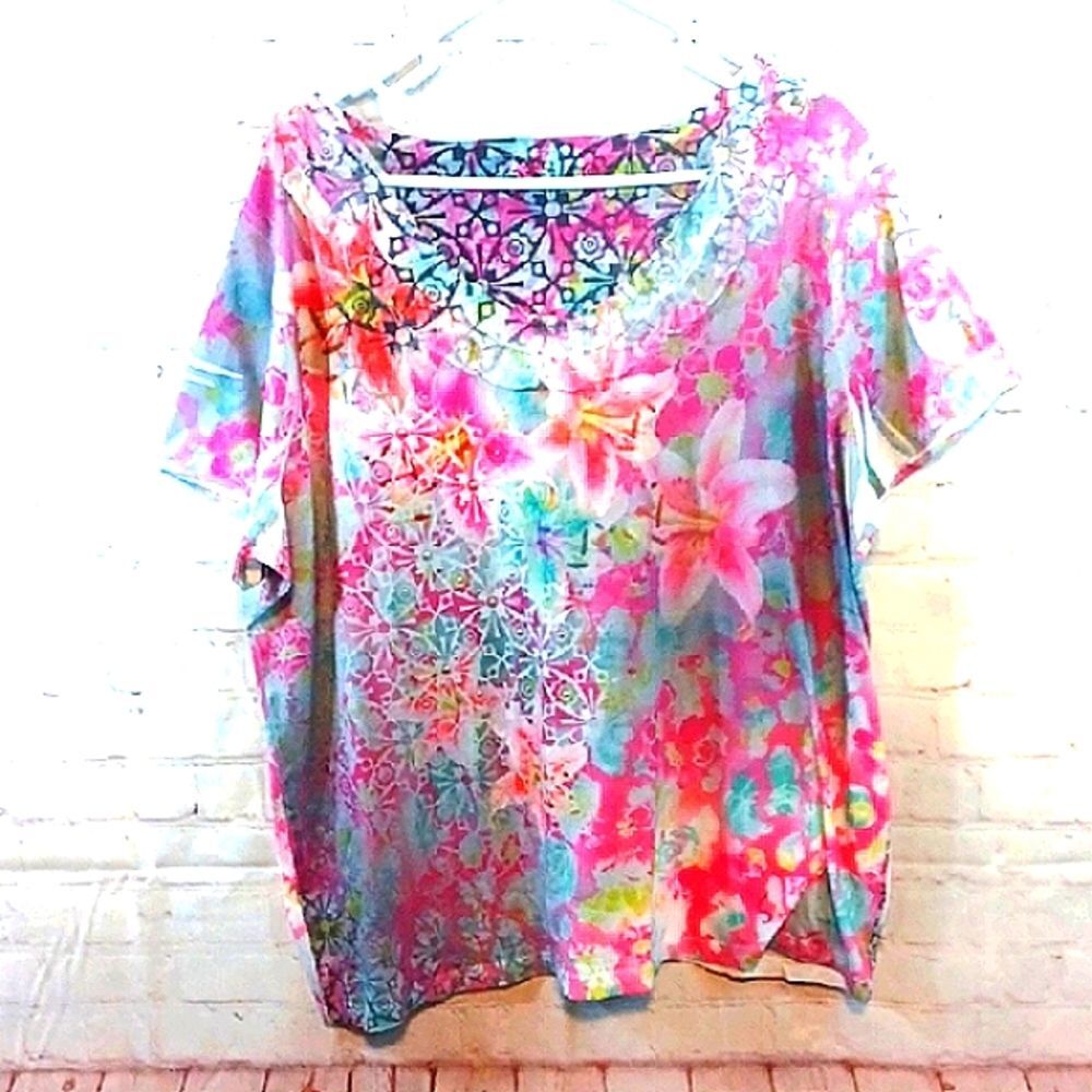 Y2K Cato Tropical Floral Beachy TieDye Top XL